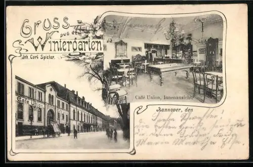 AK Hannover, Café Union, Inh. Carl Spieker, Innenansicht mit Billardtisch