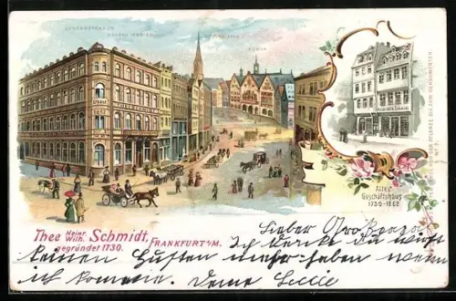 Lithographie Alt-Frankfurt, Geschäftshaus Thee Schmidt mit Nicolaikirche und Römer