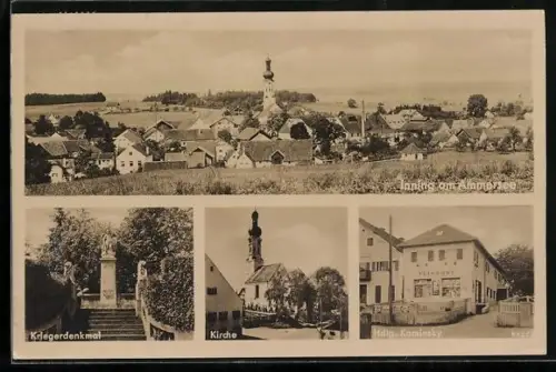 AK Inning am Ammersee, Handlung Kaminsky, Kriegerdenkmal, Kirche, Ortsansicht