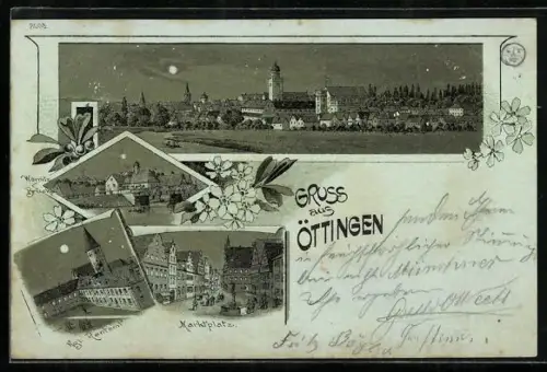 Lithographie Öttingen, Kgl. Rentamt, Marktplatz, Wörnitz-Brücke