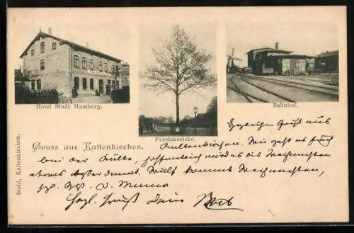 AK Kaltenkirchen, Hotel Stadt Hamburg, Friedenseiche, Bahnhof