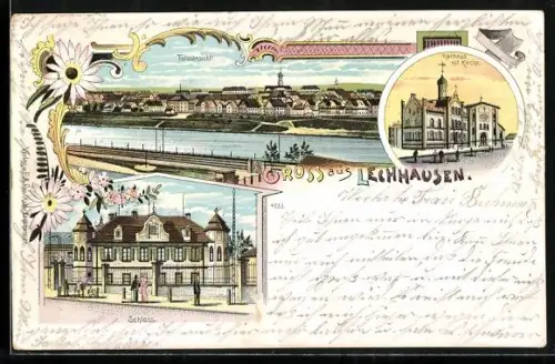 Lithographie Lechhausen, Totalansicht des Ortes, Rathaus mit Kirche, Ansicht vom Schloss