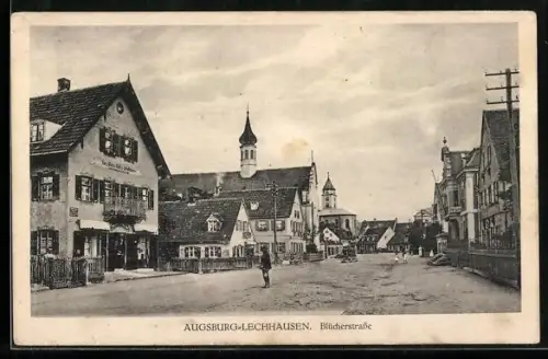 AK Augsburg-Lechhausen, Partie in der Blücherstrasse mit Kurzwarengeschäft