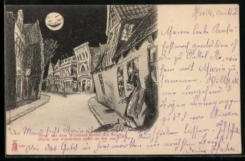 Wirtshaus-AK Heide / Holstein, Strassenzug in der Stadt aus der Sicht eines Betrunkenen