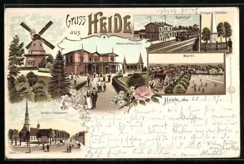 Lithographie Heide / Holstein, Bahnhof, Kirche und Südermarkt, Kriegerdenkmal, Windmühle, Eisenbahn