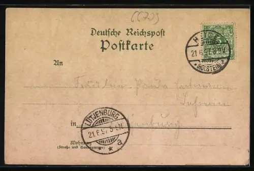 Lithographie Heide / Holstein, Bahnhof, Kirche und Südermarkt, Kriegerdenkmal, Windmühle, Eisenbahn