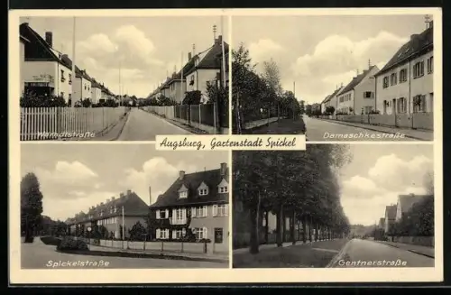 AK Augsburg, Gartenstadt Spickel, Gentnerstrasse, Damaschkestrasse, Spickelstrasse, Warndtstrasse