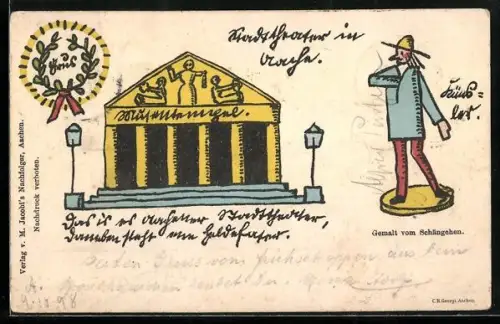 AK Aachen, Blick auf den Musentempel, Holzspielzeug-Puppe