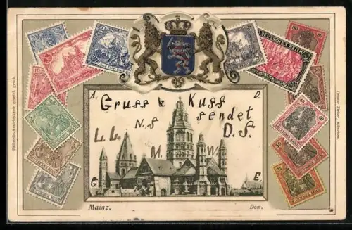 Präge-AK Mainz, Totalansicht vom Dom, verschiedene deutsche Briefmarken
