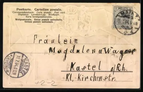 Präge-AK Mainz, Totalansicht vom Dom, verschiedene deutsche Briefmarken