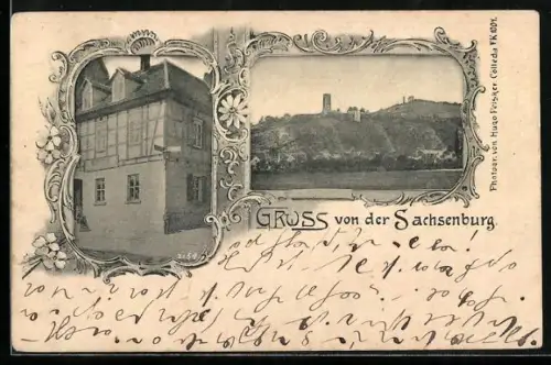 AK Sachsenburg / Thüringen, Gasthaus zur Burgschenke, Panorama mit Burg