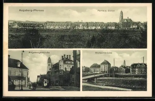 AK Augsburg-Pfersee, Ortsansicht von Osten, Augsburgerstrasse mit Strassenbahn, Wertachbrücke