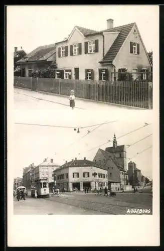 AK Augsburg, Strassenpartie mit Strassenbahn und Edeka