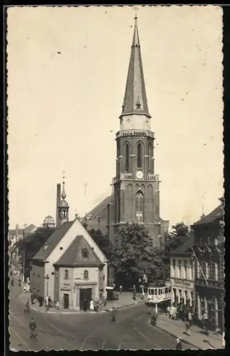 Foto-AK Köln-Kalk, Hauptstrasse mit St. Marienkirche und Strassenbahn