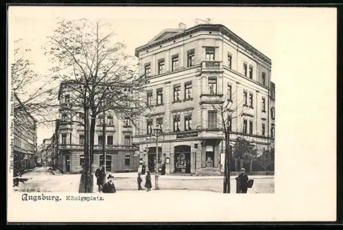 AK Augsburg, Strasseneck am Königsplatz mit Colonialwarenhandel Clara Strauss