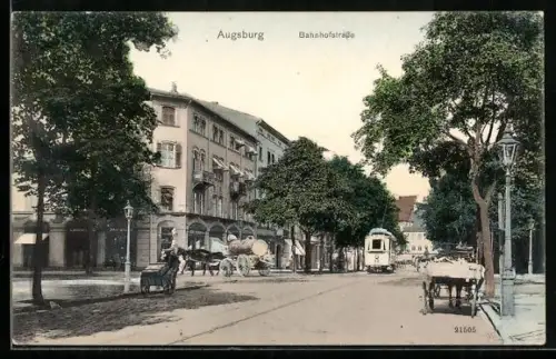 AK Augsburg, Bahnhofstrasse mit Strassenbahn