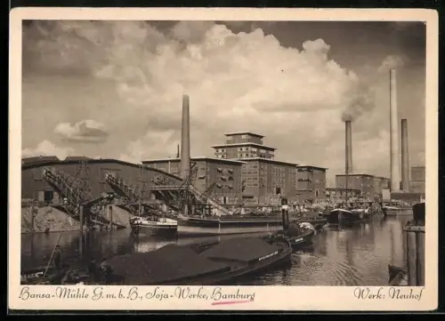 AK Hamburg-Wilhelmsburg, Hansa Mühle GmbH, Soja Werke, Werk Neuhof, Lastkähne