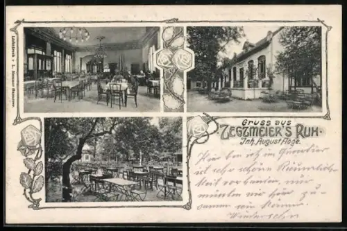 AK Hannover, Gasthof Zegzmeier`s Ruh, Inh. August Flöge, Speisesaal und Aussenareale