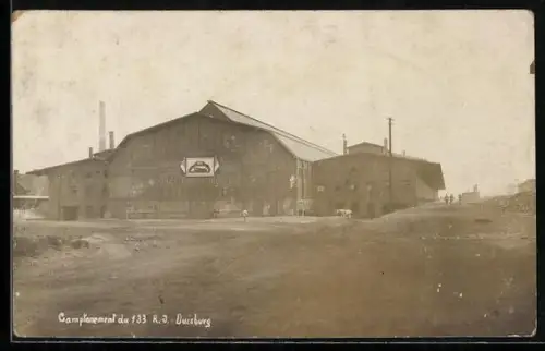 Foto-AK Duisburg, Güterbahnhof Cantonement d. 133 R. J. Duisburg, Gebäude am Bahnhof