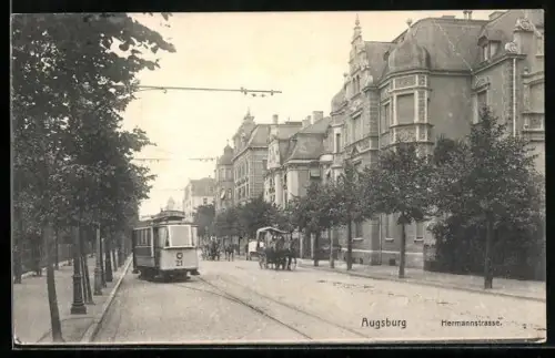 AK Augsburg, Hermannstrasse mit Strassenbahn und Pferdekutschen