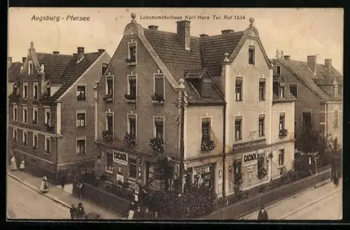 AK Augsburg-Pfersee, Lebensmittelhaus Karl Horn an einer Strassenecke