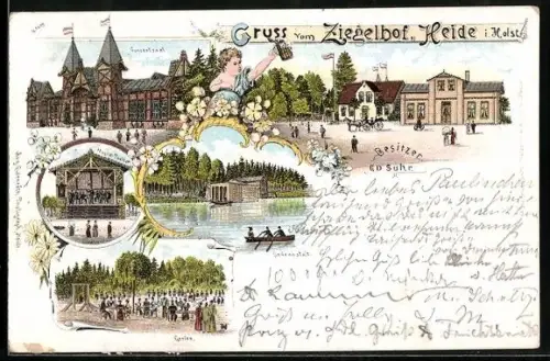 Lithographie Heide / Holstein, Gasthaus Ziegelhof, Konzertsaal, Musik-Pavillon und Garten