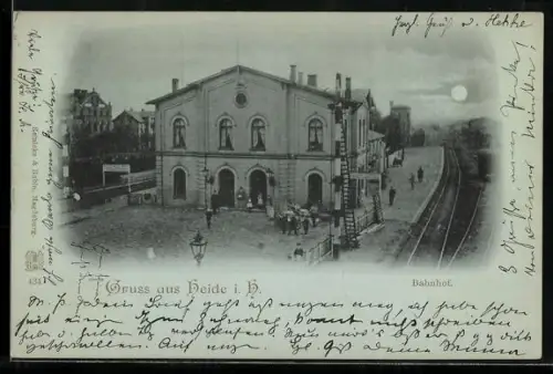 Mondschein-AK Heide i. H., Bahnhof im Vollmondlicht