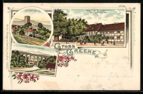 Lithographie Greene, Burg, Gasthof Brandtmüller, Viadukt