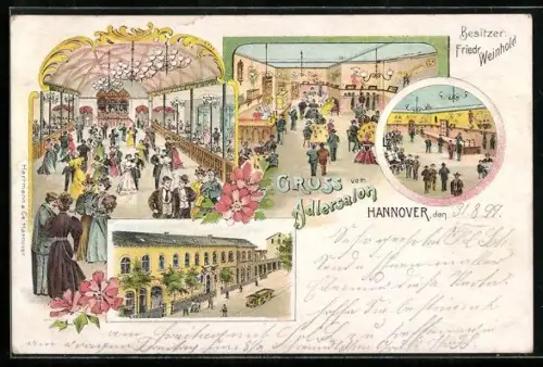 Lithographie Hannover, Gasthof Adlersalon, Bes. Friedr. Weinhold, Strassenbahn