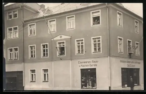 Foto-AK Rötha, Geschäft Emil Eichhorn in der Marienstrasse Ecke August-Bebel-Strasse
