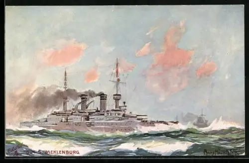 Künstler-AK Kriegsschiff SMS Mecklenburg auf See