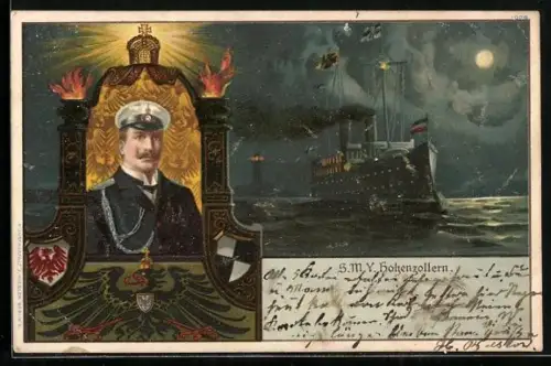 Lithographie Kaiserliche Yacht Hohenzollern in Fahrt bei Mondschein, Portrait Kaiser Wilhelm II.