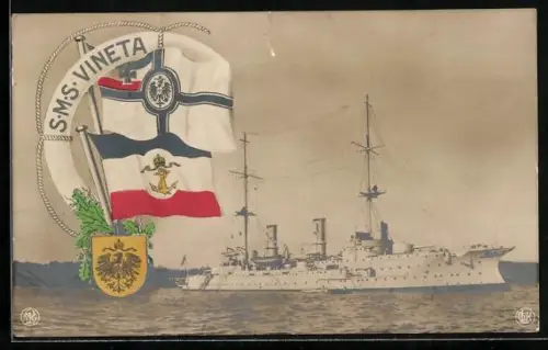AK Kriegsschiff S.M.S. Vineta, Fahnen und Wappen