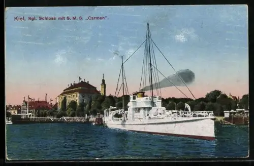 AK Kiel, Depeschenboot Carmen, ehemaliges Torpedoboot D-1 vor dem Königlichen Schloss