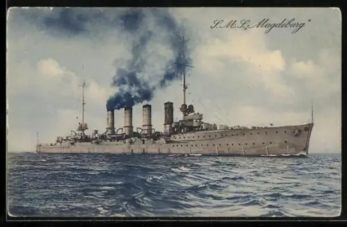 AK Kleiner Kreuzer Magdeburg in Fahrt, Kriegsschiff
