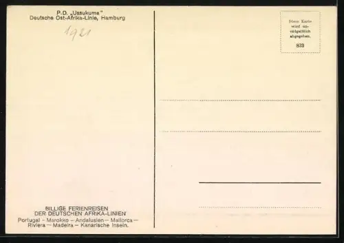 AK Postdampfer Ussukuma, Deutsche Ost-Afrika-Linie Hamburg, Passagierschiff