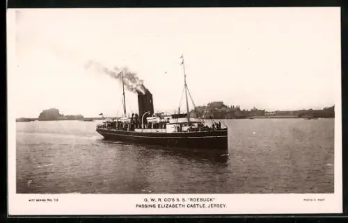 AK Passagierschiff SS Roebuck in Fahrt am Elizabeth Castle auf Jersey