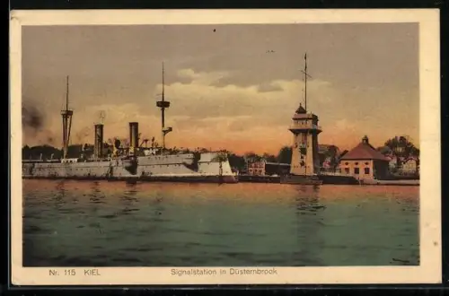 AK Kiel, Signalstation in Düsternbrook, Kreuzer im Hafen
