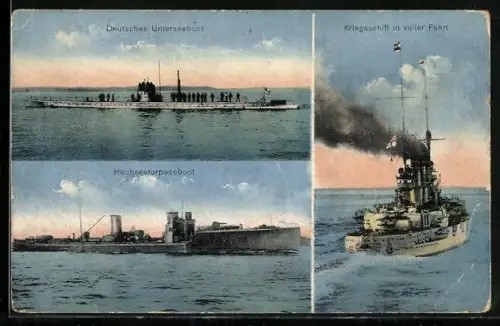 AK Deutsches U-Boot mit Besatzung an Deck, Hochseetorpedoboot, Linienschiff in voller Fahrt