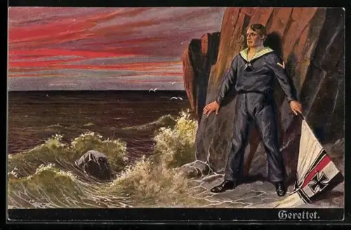 AK Matrose mit Reichskriegsfahne hat sich aus dem Meer an einen Felsen gerettet