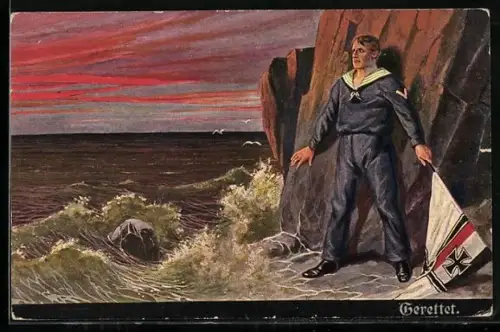 AK Gerettet, Matrose mit Reichskriegsflagge hat sich ans Ufer gerettet