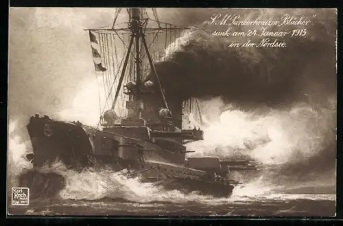 Künstler-AK SM Panzerkreuzer Blücher während der Seeschlacht auf der Doggerbank Januar 1915, Kriegsschiff