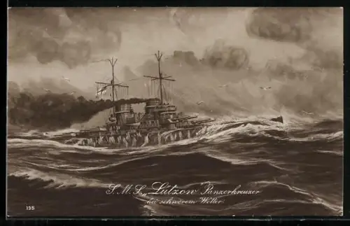 Künstler-AK Linienschiff Panzerkreuzer Lützow bei schwerem Wetter, Kriegsschiff