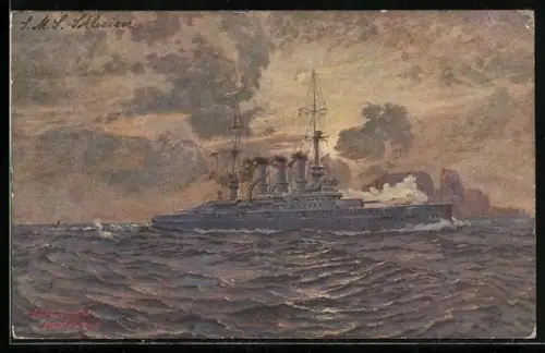 Künstler-AK Linienschiff Schlesien auf Fahrt, Kriegsschiff