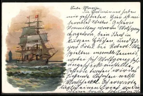 Lithographie Hamburger Bark in den Hafen segelnd