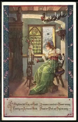 Künstler-AK T. Welzl: Trauriges Mägdlein am Spinnrad
