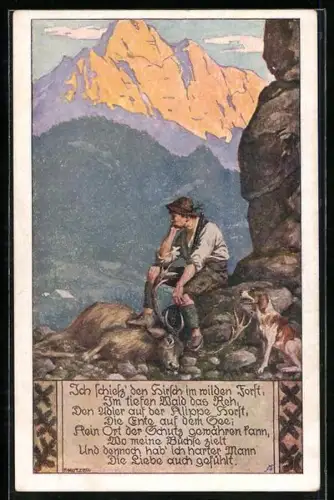Künstler-AK Ernst Kutzer: Ich schiess den Hirsch im wilden Forst, Jäger mit Hund