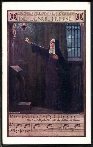 Künstler-AK Ernst Kutzer: Eine junge Nonne mit einer Hand auf dem Herzen