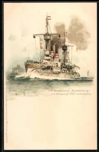 Künstler-AK Hans Bohrdt: S. M. Panzerschiff Brandenburg mit Volldampf Kiel verlassend