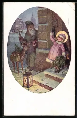 Künstler-AK H.Schubert: Weihnachtsmann mit Reh an der Ecke stehend, Kind mit Straus läutet an der Glocke